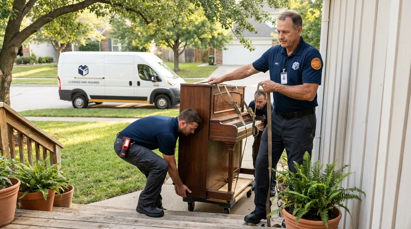 Licensed piano movers securing grand piano in Odon, IN