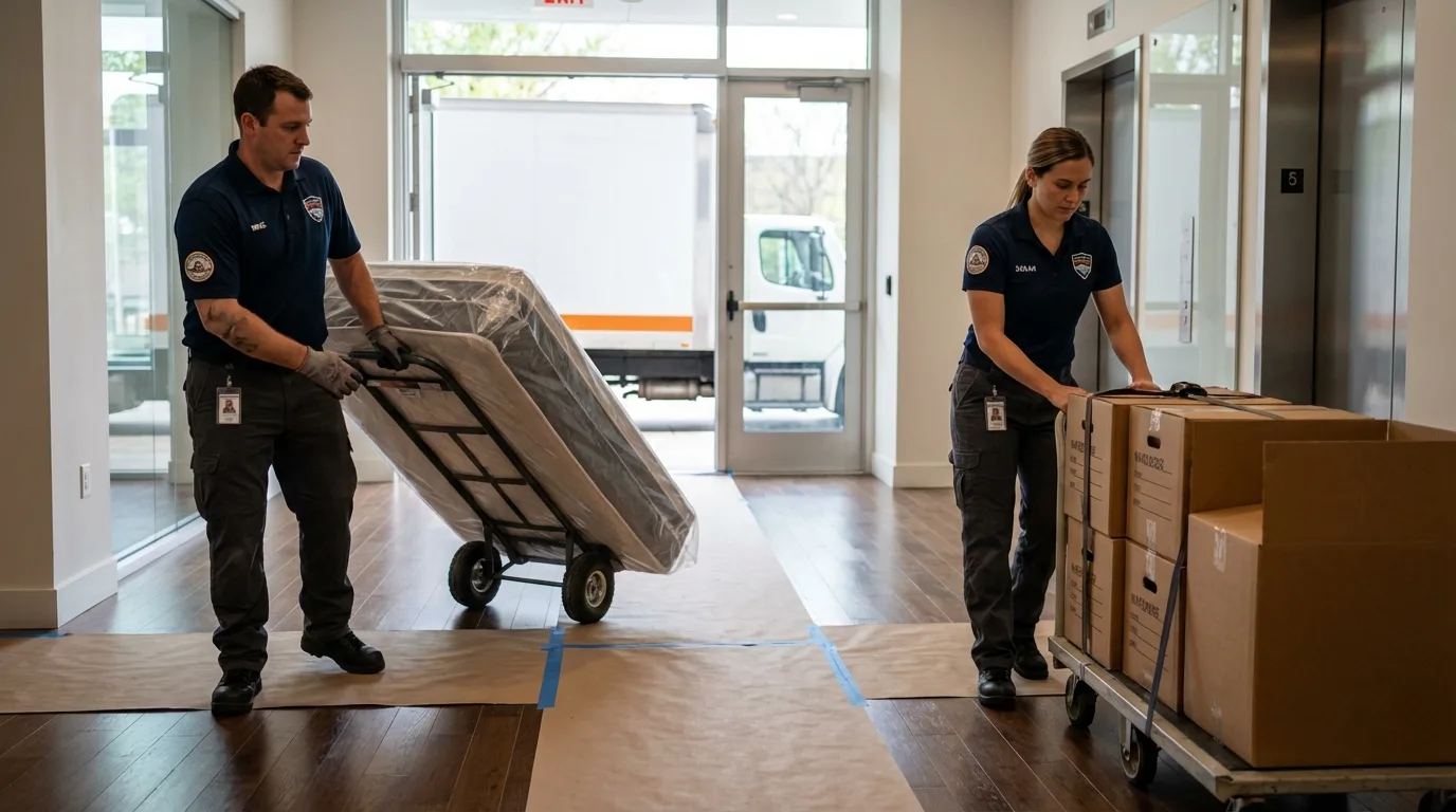 Professional apartment movers loading elevator in Odon, IN