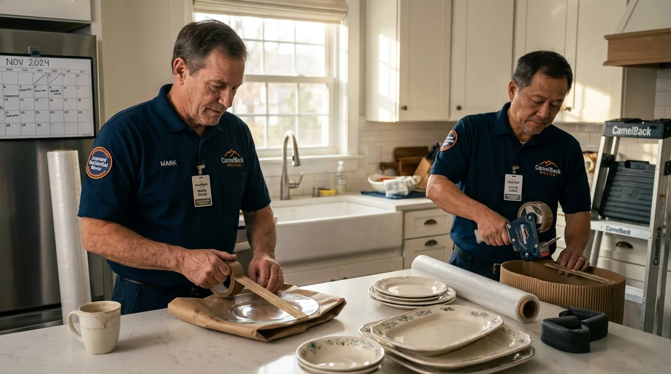 Professional crew packing kitchen dishware in Odon, IN